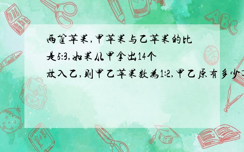 两筐苹果,甲苹果与乙苹果的比是5：3,如果从甲拿出14个放入乙,则甲乙苹果数为1:2,甲乙原有多少苹果