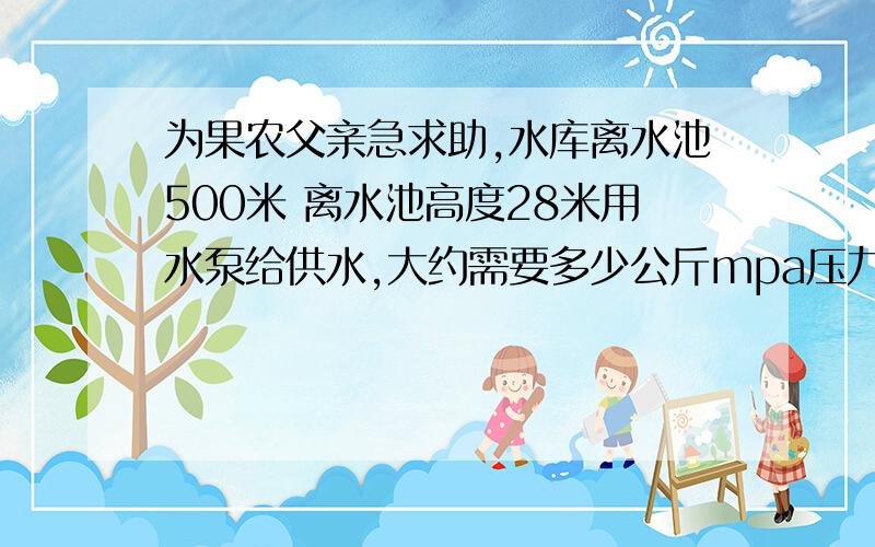 为果农父亲急求助,水库离水池500米 离水池高度28米用水泵给供水,大约需要多少公斤mpa压力的pe水管流量要求不高一般大约 30-40方就可以 要求不是很高 自己感觉水管63-90mm 求最合适水管直径