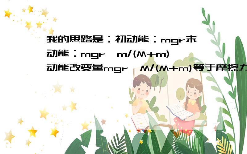 我的思路是：初动能：mgr末动能：mgr*m/(M+m)动能改变量mgr*M/(M+m)等于摩擦力乘以相对位移x即mgr*M/(M+m)=μmg*x得x=r*M/[μ*(M+m)]所以A\D都对但答案只有A麻烦看一下我的思路：两位回答的不是我的问题