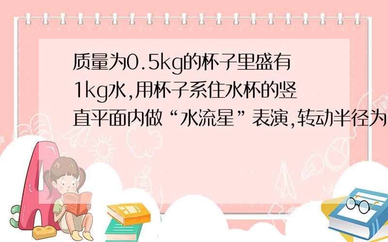 质量为0.5kg的杯子里盛有1kg水,用杯子系住水杯的竖直平面内做“水流星”表演,转动半径为1m,水杯通过最高点使得速度为4m/s,则在最高点是,绳的拉力为______N,水对杯底的压力为_______N