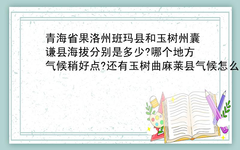 青海省果洛州班玛县和玉树州囊谦县海拔分别是多少?哪个地方气候稍好点?还有玉树曲麻莱县气候怎么样,海拔是多少?