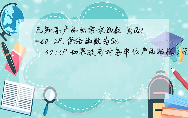 已知某产品的需求函数 为Qd=60-2P,供给函数为Qs=-30+3P 如果政府对每单位产品征收 5元的销售税,政府的税为什么供给曲线向左上方平移,垂直移动 距离为5（即P为什么要减5?）为什么要用 需求量