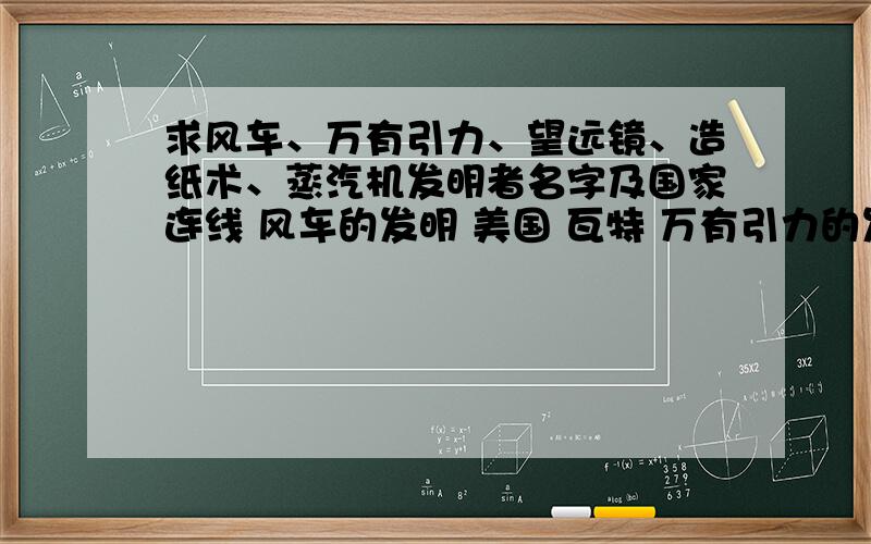 求风车、万有引力、望远镜、造纸术、蒸汽机发明者名字及国家连线 风车的发明 美国 瓦特 万有引力的发现 波斯 牛顿 望远镜的发明 中国 阿布·罗拉 造纸术的发明 荷兰 蔡伦 蒸汽机的发明