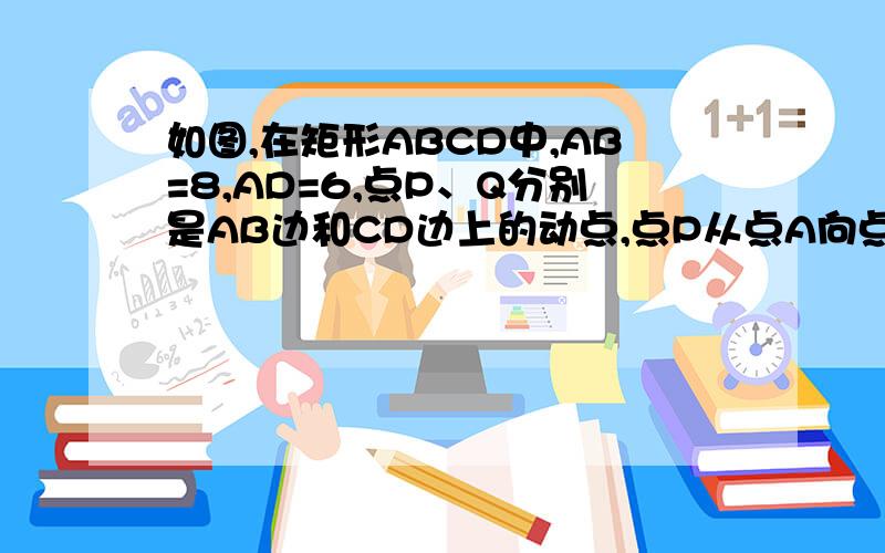 如图,在矩形ABCD中,AB=8,AD=6,点P、Q分别是AB边和CD边上的动点,点P从点A向点B运动,点Q从点C向点D运设AP=x(1)当PQ‖AD,求x的值（2）当线段PQ的垂直平分线与BC边相交时,求x的取值范围（3）当线段PQ的