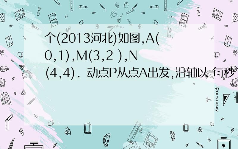 个(2013河北)如图,A(0,1),M(3,2 ),N(4,4)．动点P从点A出发,沿轴以 每秒1个单位长的速度向上移动,且过点 P的直线l︰y＝－x＋b也随之移动,设移 动时间为t秒．(1)当t＝3时,求l的解析式 ；(2)若点M,N位于l