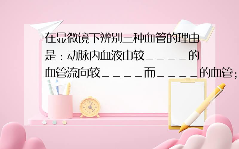 在显微镜下辨别三种血管的理由是：动脉内血液由较____的血管流向较____而____的血管；静脉内的血液由____而____的血管汇流入较____的血管；毛细血管内血液中的红细胞一般成____通过,血流速