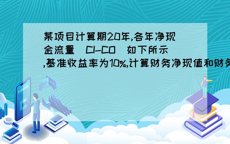 某项目计算期20年,各年净现金流量(CI-CO)如下所示,基准收益率为10%,计算财务净现值和财务内部收益率1 2 3 4 5 6-20净现金流量 -180-250 150 84 112 150