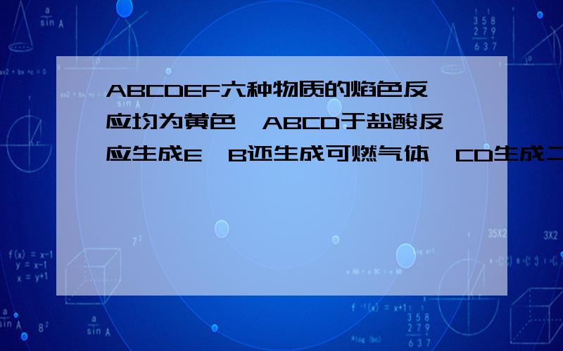 ABCDEF六种物质的焰色反应均为黄色,ABCD于盐酸反应生成E,B还生成可燃气体,CD生成二氧化炭,AD反应生...ABCDEF六种物质的焰色反应均为黄色,ABCD于盐酸反应生成E,B还生成可燃气体,CD生成二氧化炭,AD