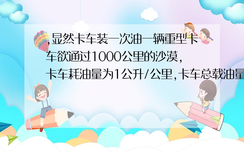 ,显然卡车装一次油一辆重型卡车欲通过1000公里的沙漠,卡车耗油量为1公升/公里,卡车总载油量为500公升,显然卡车装一次油是通过不了沙漠的.因此司机必须在沿途设立几个储油点,使卡车能顺