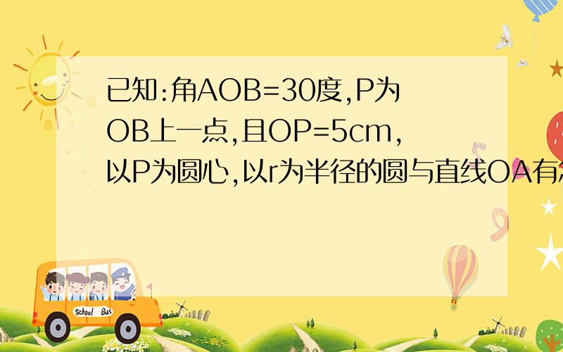 已知:角AOB=30度,P为OB上一点,且OP=5cm,以P为圆心,以r为半径的圆与直线OA有怎样的位置关系?为什么?（1）r=2cm （2）r=4cm （3）r=2.5