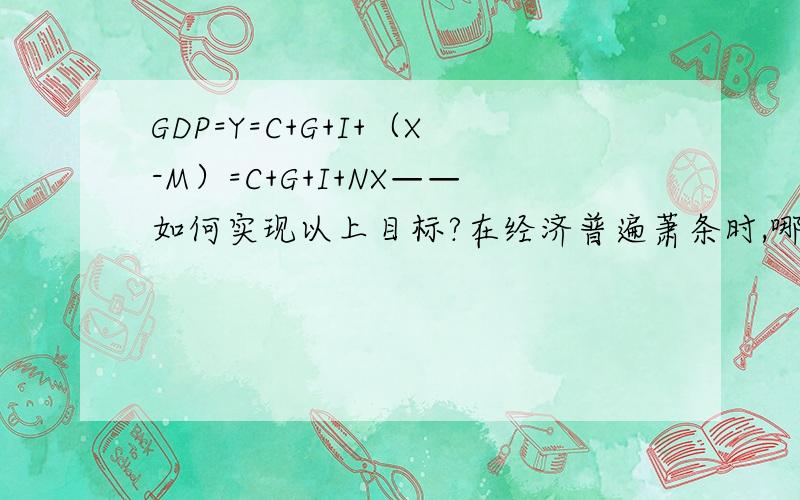 GDP=Y=C+G+I+（X-M）=C+G+I+NX——如何实现以上目标?在经济普遍萧条时,哪些项目难以显著增加?为什么?——凯恩斯认为,当家庭需求和私人投资不振,政府应主动扩大公共支出.在经济萧条时大量增加