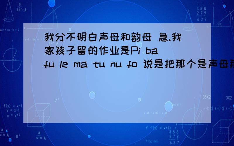 我分不明白声母和韵母 急.我家孩子留的作业是Pi ba fu le ma tu nu fo 说是把那个是声母那个是韵母写出来我不知道那个是声母那个是韵母啊?