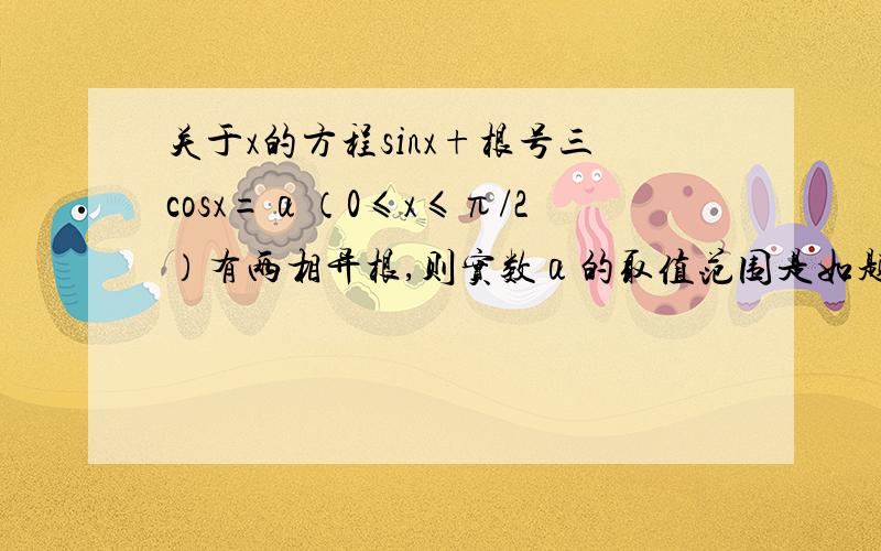 关于x的方程sinx+根号三cosx=α（0≤x≤π/2）有两相异根,则实数α的取值范围是如题、望尽快予以解答