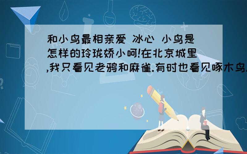 和小鸟最相亲爱 冰心 小鸟是怎样的玲珑娇小呵!在北京城里,我只看见老鸦和麻雀.有时也看见啄木鸟.在此却是雪未化尽,鸟儿已成群的来了.最先的便是青鸟.西方人以青鸟为最快乐的象征,我看