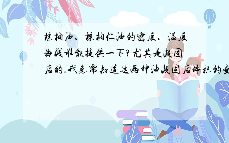 棕榈油、棕榈仁油的密度、温度曲线谁能提供一下?尤其是凝固后的.我急需知道这两种油凝固后体积的变化情内蒙那边零下46度,这时的棕榈油会怎么样呢,体积膨胀多少?