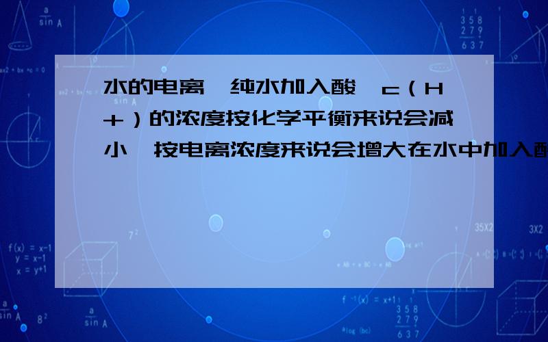 水的电离,纯水加入酸,c（H+）的浓度按化学平衡来说会减小,按电离浓度来说会增大在水中加入酸,电离平衡会向左移动,这个我知道,H+浓度为什么会增加呢,c（H+）的浓度按化学平衡来说不是会