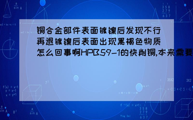 铜合金部件表面镀镍后发现不行再退镀镍后表面出现黑褐色物质怎么回事啊HPB59-1的快削铜,本来需要镀镍的,后来发现镀镍效果不好,于是准备退镀后吊镀,可退镀后表面出现黑褐色和暗红色的