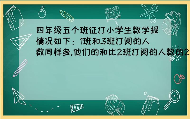 四年级五个班征订小学生数学报情况如下：1班和3班订阅的人数同样多,他们的和比2班订阅的人数的2倍少8人,2班有49人订阅,5班比2班少13人,4班比1班和5班订阅人数之和少39人.计算出每个班级订