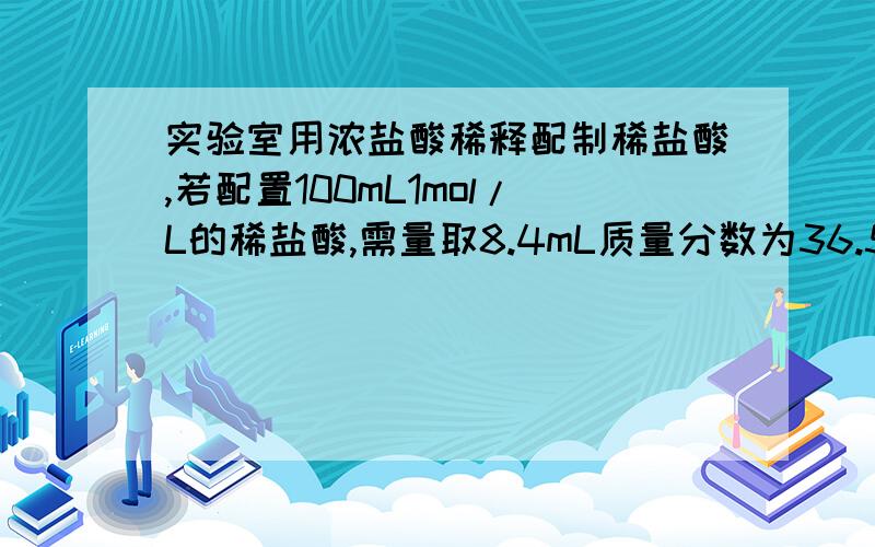 实验室用浓盐酸稀释配制稀盐酸,若配置100mL1mol/L的稀盐酸,需量取8.4mL质量分数为36.5％的浓盐酸,计算该浓盐酸的密度