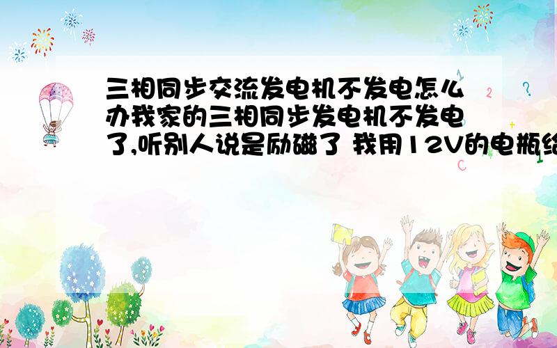 三相同步交流发电机不发电怎么办我家的三相同步发电机不发电了,听别人说是励磁了 我用12V的电瓶给两个电极充电,电压表的指针马上就上去了,电瓶一拿开就没电,电压表也不显示,请问这是