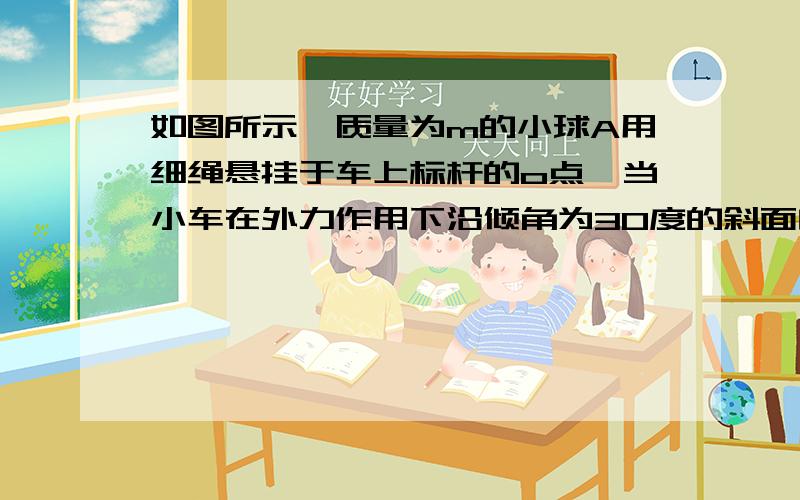 如图所示,质量为m的小球A用细绳悬挂于车上标杆的o点,当小车在外力作用下沿倾角为30度的斜面向上做匀加速直线运动时,小球A的悬线恰好与竖直方向成30度夹角,那么悬线对球A的拉力是多大?