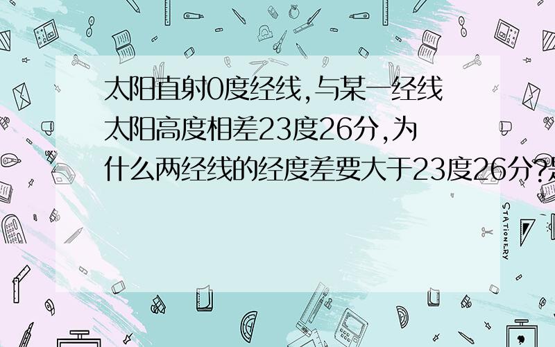 太阳直射0度经线,与某一经线太阳高度相差23度26分,为什么两经线的经度差要大于23度26分?是的，就是关于等太阳高度的题。