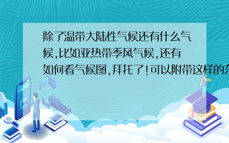 除了温带大陆性气候还有什么气候,比如亚热带季风气候,还有如何看气候图,拜托了!可以附带这样的东西，好的有悬赏！