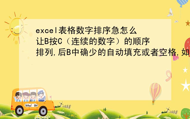 excel表格数字排序急怎么让B按C（连续的数字）的顺序排列,后B中确少的自动填充或者空格,如图我要的结果求帮忙啊