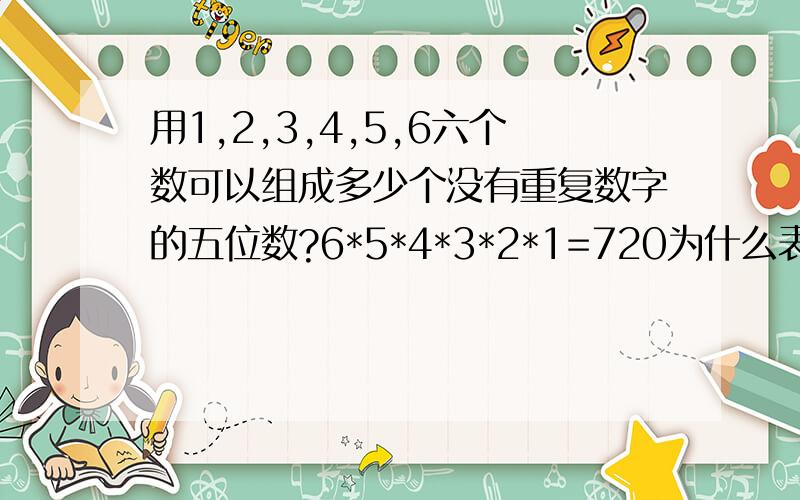 用1,2,3,4,5,6六个数可以组成多少个没有重复数字的五位数?6*5*4*3*2*1=720为什么表达没有重复的数的要从6到1乘?乘的含义在这里是什么?请帮我深刻理解.