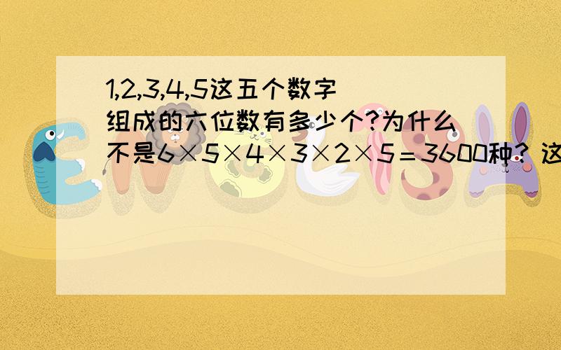 1,2,3,4,5这五个数字组成的六位数有多少个?为什么不是6×5×4×3×2×5＝3600种？这个六位数中必须同时包含1、2、3、4、5这五个数，即不可以是111111或111222这种，谢谢！请问ycppaaa：为什么要减5×4