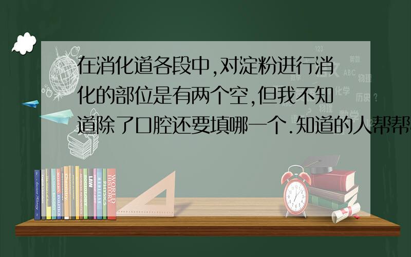 在消化道各段中,对淀粉进行消化的部位是有两个空,但我不知道除了口腔还要填哪一个.知道的人帮帮忙!