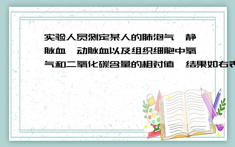 实验人员测定某人的肺泡气、静脉血、动脉血以及组织细胞中氧气和二氧化碳含量的相对值,结果如右表所示实验人员测定某人的肺泡气、静脉血、动脉血以及组织细胞中氧气和二氧化碳含量