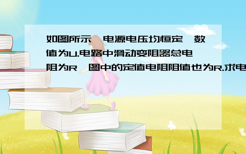 如图所示,电源电压均恒定,数值为U.电路中滑动变阻器总电阻为R,图中的定值电阻阻值也为R.求电路中滑片P从a向b滑动过程中电流表的最小值