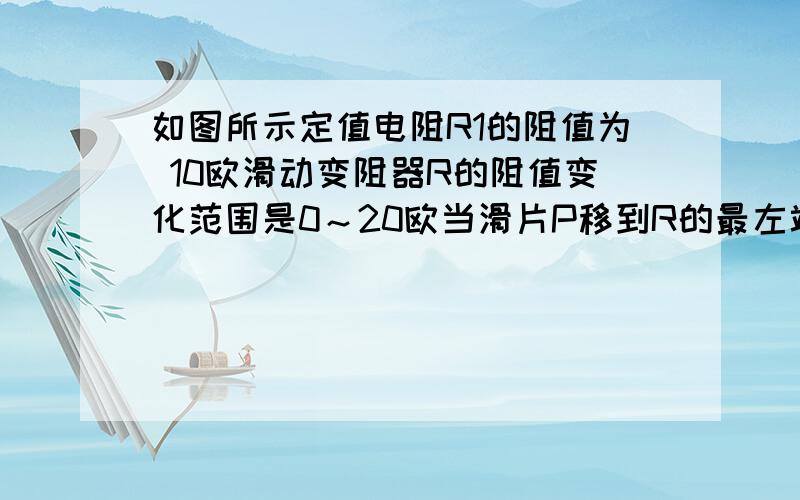 如图所示定值电阻R1的阻值为 10欧滑动变阻器R的阻值变化范围是0～20欧当滑片P移到R的最左端时如图所示定值电阻R1的阻值为 10欧滑动变阻器R的阻值变化范围是0～20欧当滑片P移到R的最左端时