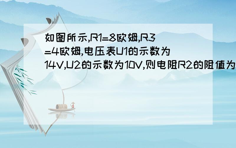 如图所示,R1=8欧姆,R3=4欧姆,电压表U1的示数为14V,U2的示数为10V,则电阻R2的阻值为多大? 补充R1、R2、R3在同一直线上（黑黑方块所示）  V1电压表与R1、R2并联. V2电压表与R2、R3并联.