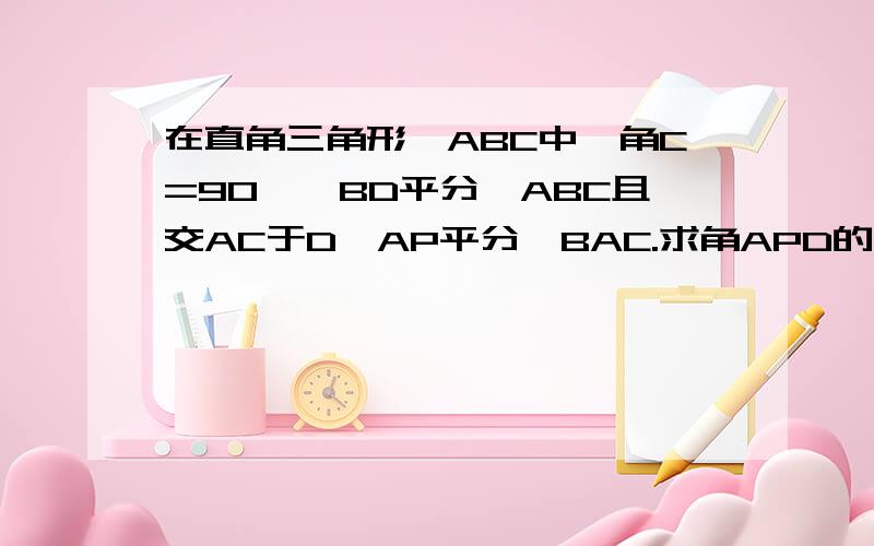 在直角三角形△ABC中,角C=90°,BD平分∠ABC且交AC于D,AP平分∠BAC.求角APD的度数!在直角三角形△ABC中,角C=90°,BD平分∠ABC且交AC于D,AP平分∠BAC.求角APD的度数!求你们了!