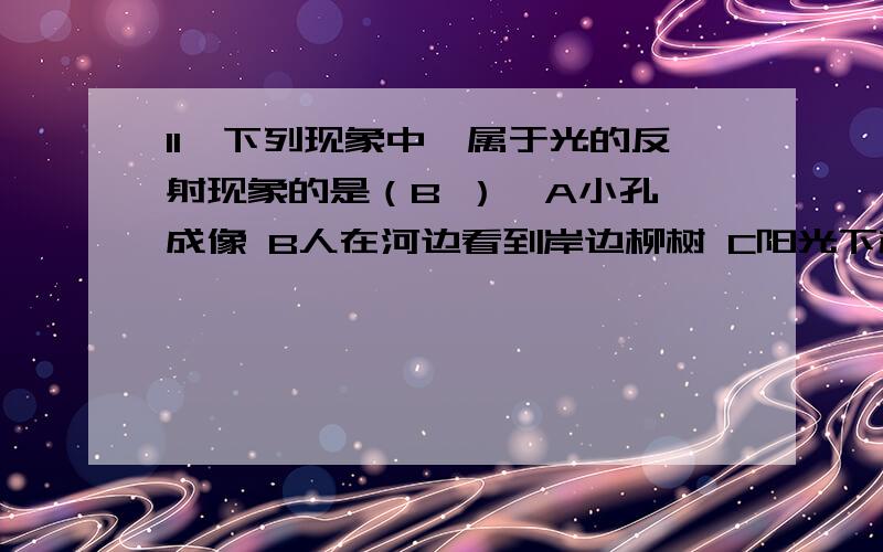 11、下列现象中,属于光的反射现象的是（B ）  A小孔成像 B人在河边看到岸边柳树 C阳光下树木的影子  D插入水中的筷子,在水中的部分看起来向上弯折