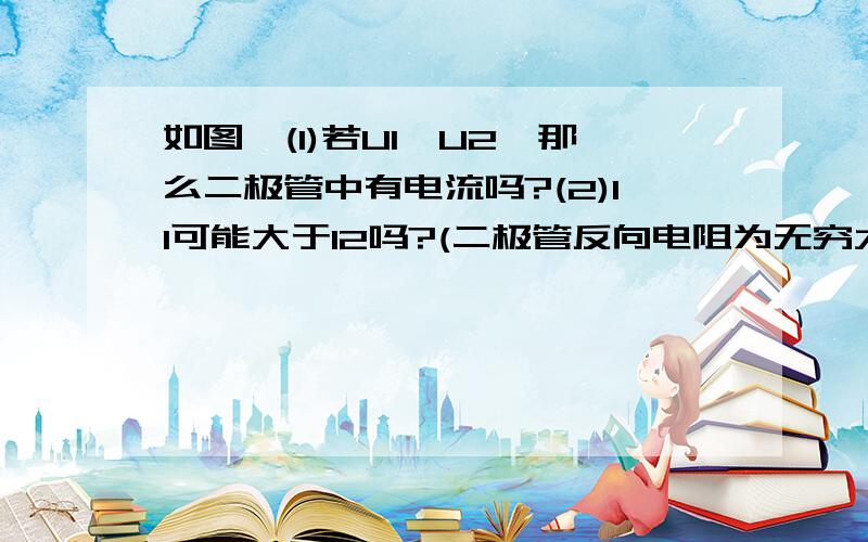 如图,(1)若U1>U2,那么二极管中有电流吗?(2)I1可能大于I2吗?(二极管反向电阻为无穷大)