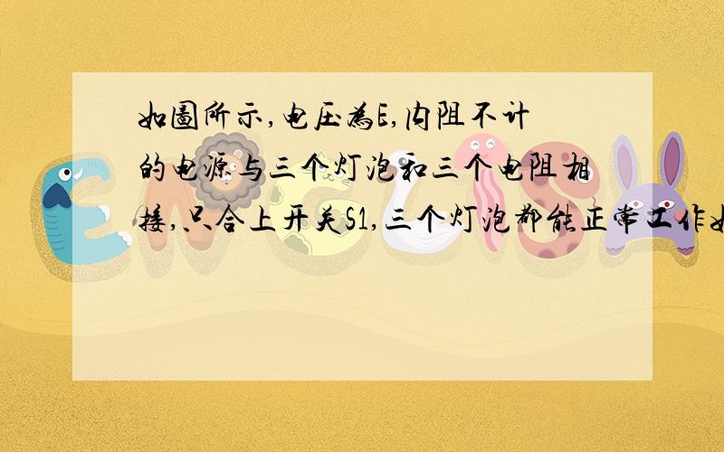 如图所示,电压为E,内阻不计的电源与三个灯泡和三个电阻相接,只合上开关S1,三个灯泡都能正常工作如果再合上S2,则下列表述正确的是：A.电源输出功率减小B.L1上消耗的功率增大C.通过R1上的