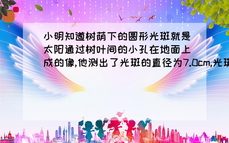 小明知道树荫下的圆形光斑就是太阳通过树叶间的小孔在地面上成的像,他测出了光斑的直径为7.0cm,光斑到小孔的距离为7.0cm,光斑到小孔的距离为7.5cm,太阳到地球的距离为1.5*10的11次方m,由此