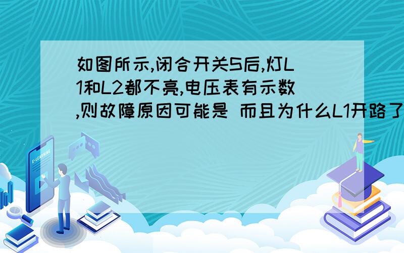 如图所示,闭合开关S后,灯L1和L2都不亮,电压表有示数,则故障原因可能是 而且为什么L1开路了L2也不能亮,电流不能走电压表的那条路吗,L2为什么没亮呀图错了，是这样的