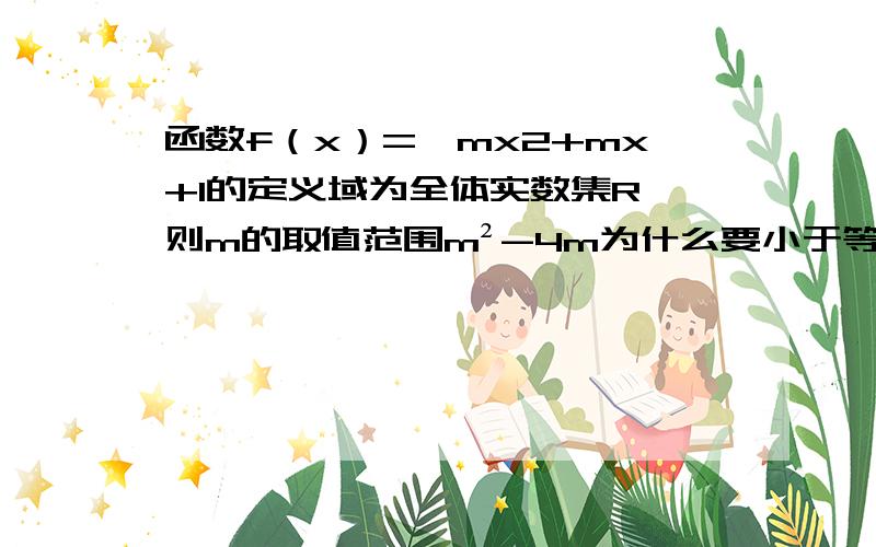 函数f（x）=√mx2+mx+1的定义域为全体实数集R,则m的取值范围m²-4m为什么要小于等于0?