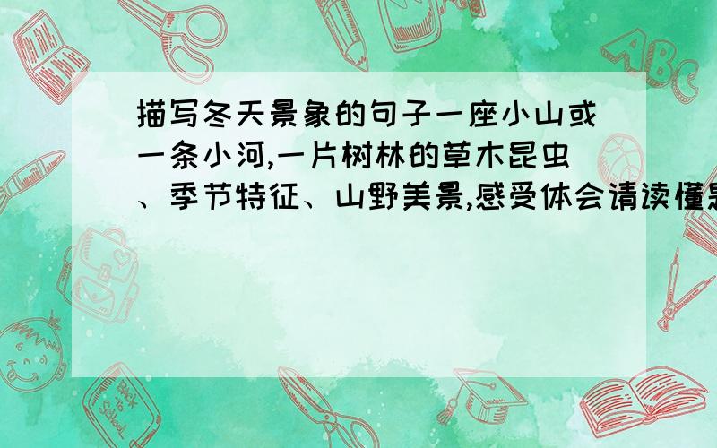 描写冬天景象的句子一座小山或一条小河,一片树林的草木昆虫、季节特征、山野美景,感受体会请读懂题坚决不要诗句追加悬赏20草木昆虫、季节特征、山野美景，感受体会 4个句子