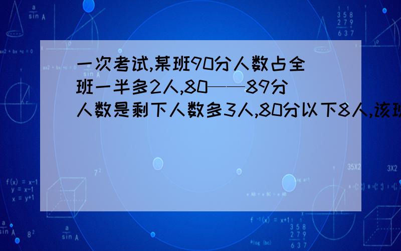 一次考试,某班90分人数占全班一半多2人,80——89分人数是剩下人数多3人,80分以下8人,该班一共多少人?