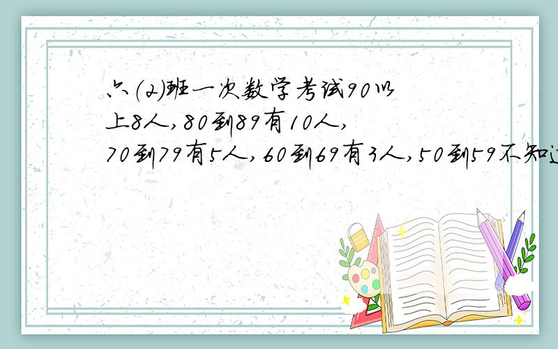 六（2）班一次数学考试90以上8人,80到89有10人,70到79有5人,60到69有3人,50到59不知道,50以下1人不及格的人数是全班的2/15,50到59有几人