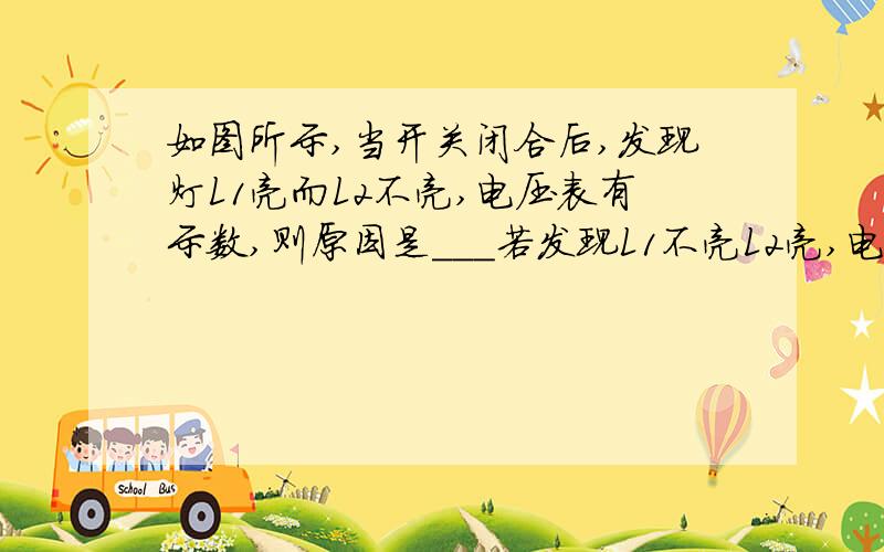 如图所示,当开关闭合后,发现灯L1亮而L2不亮,电压表有示数,则原因是___若发现L1不亮L2亮,电压表没示数,则原因是____；若发现两灯都不亮,电压表有示数,则原因是___；若发现两灯都不亮,电压表