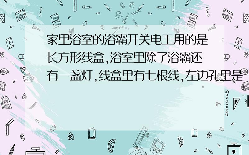 家里浴室的浴霸开关电工用的是长方形线盒,浴室里除了浴霸还有一盏灯,线盒里有七根线,左边孔里是一绿一红,右边的孔是五根红线,奥普浴霸的开关是正方形的,该怎么安装开关,怎么接线?