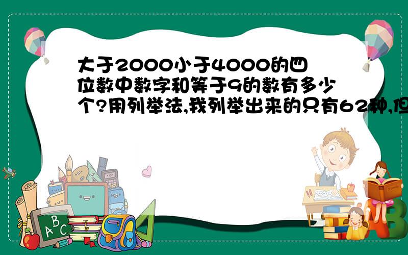 大于2000小于4000的四位数中数字和等于9的数有多少个?用列举法,我列举出来的只有62种,但正确答案是64,为什么(⊙o⊙)?