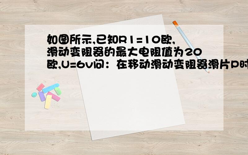 如图所示,已知R1=10欧,滑动变阻器的最大电阻值为20欧,U=6v问：在移动滑动变阻器滑片P时,电压表和电流表的实数范围