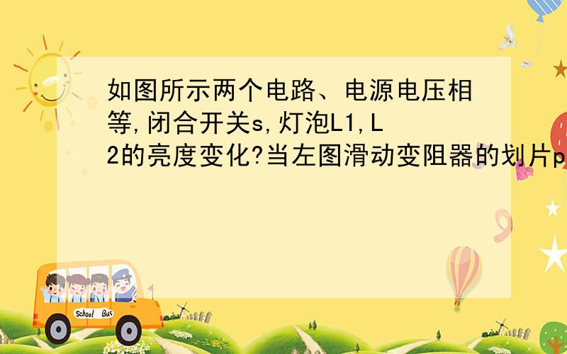 如图所示两个电路、电源电压相等,闭合开关s,灯泡L1,L2的亮度变化?当左图滑动变阻器的划片p向左滑动时,右图划片P向右滑动,答案是L1变亮L2亮度不变,   用高中的串反并同不是L2应该变亮吗,为